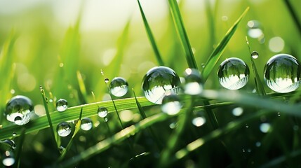 Close-up of dewdrops on a blade of grass, the world reflected in each droplet.