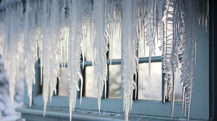 Delicate icicles formed on a windowsill, the world outside blanketed in fresh snow.