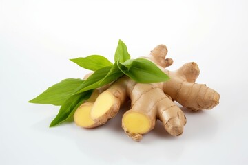Close-up fresh ginger rhizome with sliced and green leaves isolated on white background. Generative AI