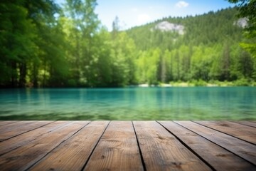 Fototapeta na wymiar The empty wooden table top with blur background of Plitvice lakes. Exuberant image. generative ai