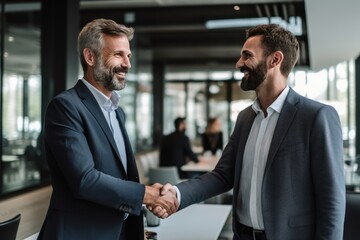 Smiling middle aged business man handshaking partner, making partnership collaboration agreement at office meeting. HR manager and new worker shake hands recruiting at job interview. 