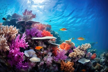 An underwater photograph of a vibrant coral reef teeming with marine life.