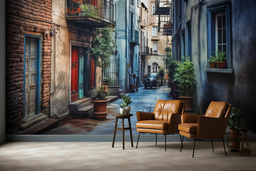Fototapeta na wymiar a living room with a wall mural of a street scene