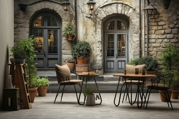 Obraz premium a living room with a wall mural of a street scene