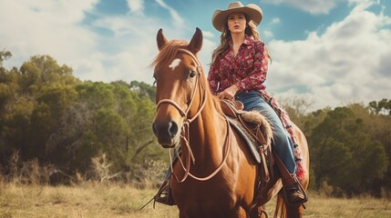 Young woman riding a horse in a cowboy hat - obrazy, fototapety, plakaty