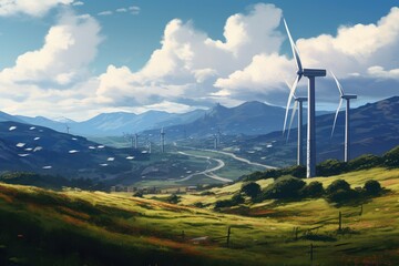 Wind turbines generating renewable energy on a windy hillside.