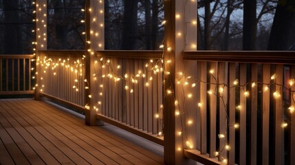 Softly glowing fairy lights wrapped around a rustic wooden porch railing.