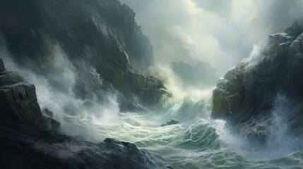 Steep cliffs overlooking the vast ocean, waves crashing fiercely below. - obrazy, fototapety, plakaty