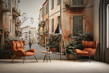 Naklejka premium a living room with a wall mural of a street scene