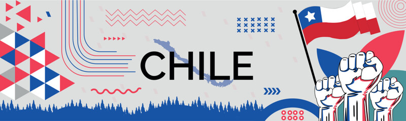 CHILE national day banner with map, flag colors theme background and geometric abstract retro modern colorfull design with raised hands or fists. - Powered by Adobe