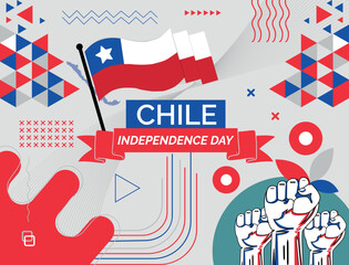 CHILE national day banner with map, flag colors theme background and geometric abstract retro modern colorfull design with raised hands or fists.