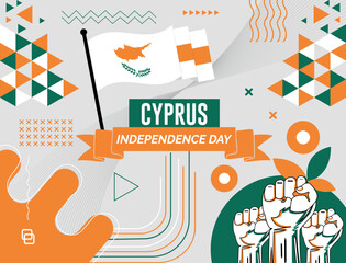 CYPRUS national day banner with map, flag colors theme background and geometric abstract retro modern colorfull design with raised hands or fists.