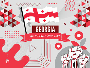 Georgia national day banner with map, flag colors theme background and geometric abstract retro modern colorfull design with raised hands or fists.