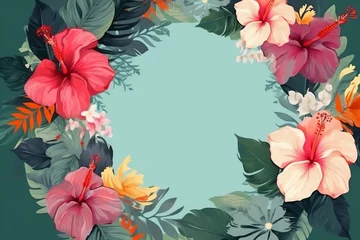 Deurstickers Illustration of a hibiscus frame with tropical vibes. Generative AI © Dmytro
