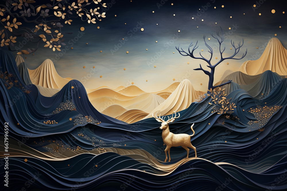 Wall mural a paper art style illustration of a mountain landscape with deer