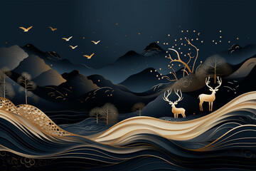 a paper art style illustration of a mountain landscape with deer - obrazy, fototapety, plakaty