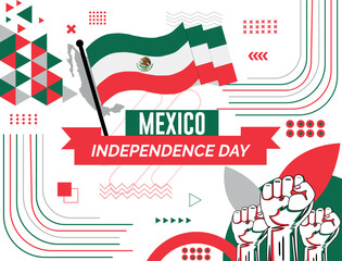 MEXICO national day banner with map, flag colors theme background and geometric abstract retro modern colorfull design with raised hands or fists.