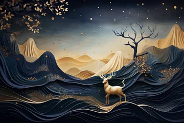 Poster a paper art style illustration of a mountain landscape with deer © msroster