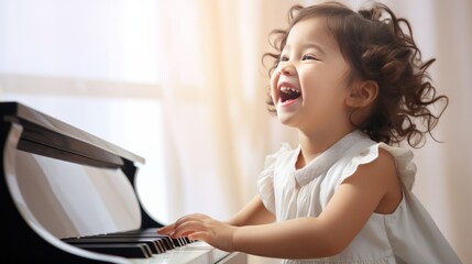 A joyful child is playing piano on a studio background with copy space. Creative banner for...