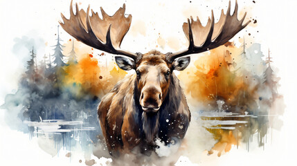 Portrait of a moose in aquarelle style - obrazy, fototapety, plakaty