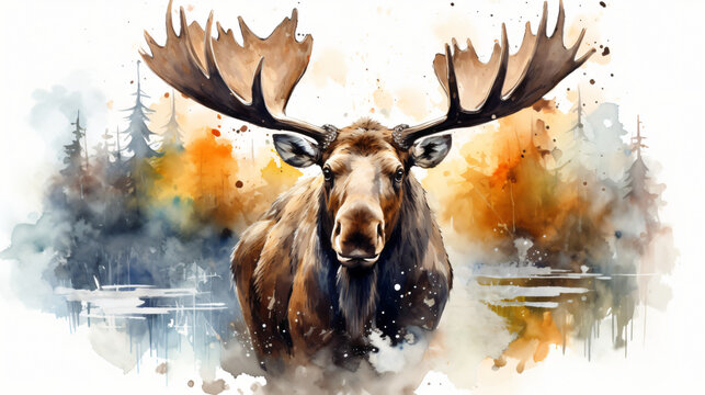 Portrait of a moose in aquarelle style