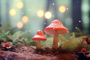 Mushroom in the forest with bokeh lights background, Mushrooms in the forest with bokeh background. 3d rendering, AI Generated