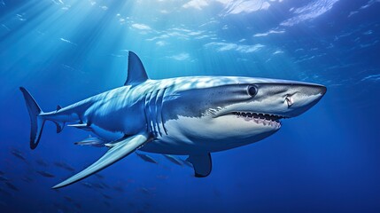Ocean scary shark Open mouth with many teeth, Underwater blue sea. AI generated image