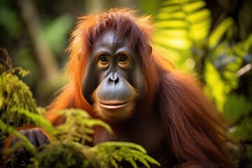 Orangutan in the rainforest of Borneo, Malaysia, Orangutan Pongo pygmaeus in the rainforest of Sumatra, Indonesia, AI Generated - obrazy, fototapety, plakaty