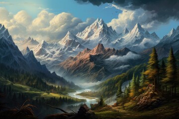 Fantasy landscape with mountain lake and forest. Digital painting illustration, panorama of the mountains, AI Generated