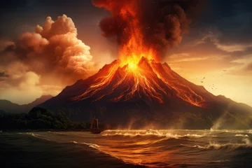 Foto auf Alu-Dibond Volcano eruption in the sea at sunset. 3D Rendering, Photo of the volcanic eruption Krakatoa, AI Generated © Ifti Digital