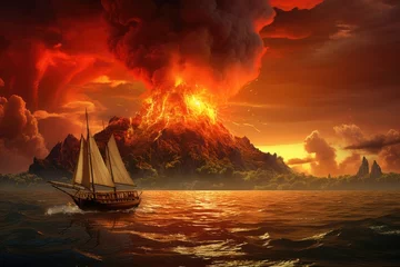 Ingelijste posters Fantasy landscape with ship in ocean. 3d render illustration, Photo of the volcanic eruption Krakatoa, AI Generated © Ifti Digital