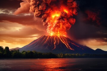 Volcanic eruption on Kamchatka Peninsula in the summer, Photo of the volcanic eruption Krakatoa, AI Generated