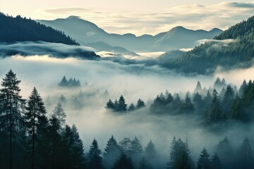 Foggy morning in the Carpathian mountains, Ukraine, Photo realistic illustration of mountains forest fog morning mystic, AI Generated