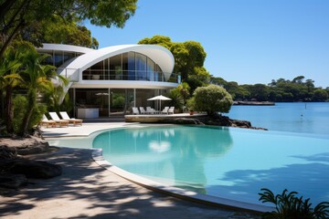 Obraz na płótnie Canvas Swimming pool in luxury villa by the sea. Nobody inside, Photograph of large lagoon beach with minimalist architectural white slate beach house. A swooping rounded roof with glass, AI Generated