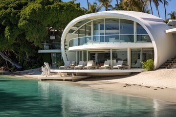 Obraz na płótnie Canvas Luxury villa on the beach in the tropics, Photograph of large lagoon beach with minimalist architectural white slate beach house. A swooping rounded roof with glass paneling, AI Generated
