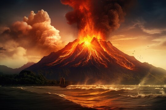 Volcano eruption in the sea at sunset. 3D Rendering, Photo of the volcanic eruption Krakatoa, AI Generated