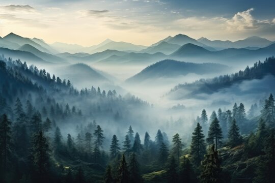 Foggy morning in the mountains. Landscape with coniferous forest and mountains, Photo realistic illustration of mountains forest fog morning mystic, AI Generated
