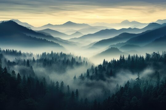 Landscape with fog in the mountains. Sunrise in the mountains, Photo realistic illustration of mountains forest fog morning mystic, AI Generated