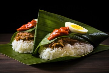 Rice with chicken and egg on banana leaf on wooden table, Nasi Lemak wrapped in banan leaf. Malaysian Food and Malaysia Flag, AI Generated