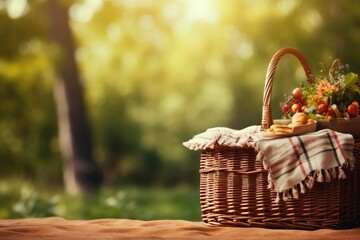 Picnic basket with food on the table in the park. Selective focus, Picnic Basket with napkin on nature background, AI Generated
