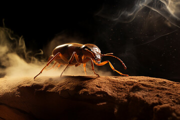 A tenacious bombardier beetle defending its territory with chemical sprays - obrazy, fototapety, plakaty