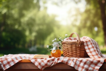 Picnic basket with orange juice and bread on wooden table in park, Picnic Basket with napkin on nature background, AI Generated