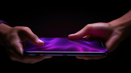 Realistic hand of a guy or woman clutching a purple wallpaper on mobile