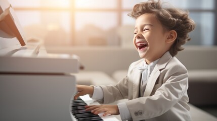 A joyful child is playing piano on a studio background with copy space. Creative banner for...