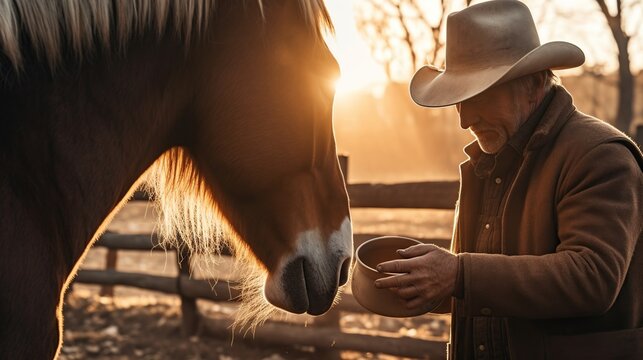 a man is feeding a horse