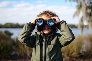 Little boy looking through binoculars in the park. Kid exploring nature