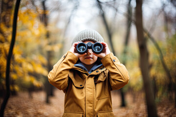 Little boy looking through binoculars in the park. Kid exploring nature