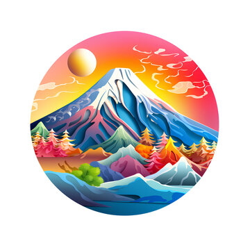 Japan travel concept painting has colorful Mount Fuji on transparent background PNG