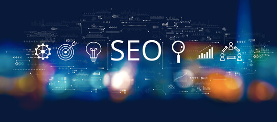 SEO concept with blurred city lights at night