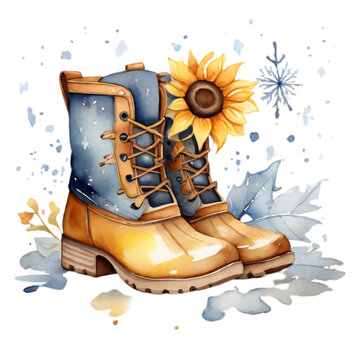 watercolor boots sunflower winter scene